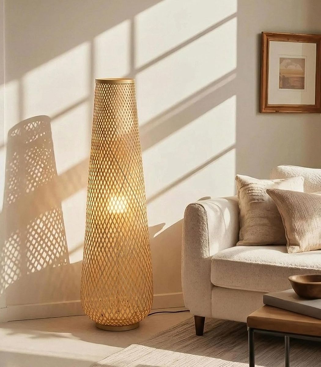 NEW Bamboo Floor Lamp, Natural Handmade Weave Bamboo Floor Lamp Boho Wicker Rattan Floor Lamp Japanese Zen