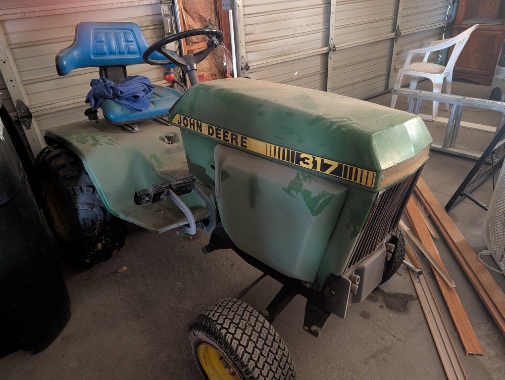 Vintage 1980 John Deere 317 Riding Lawn Tractor with Tiller Attachment