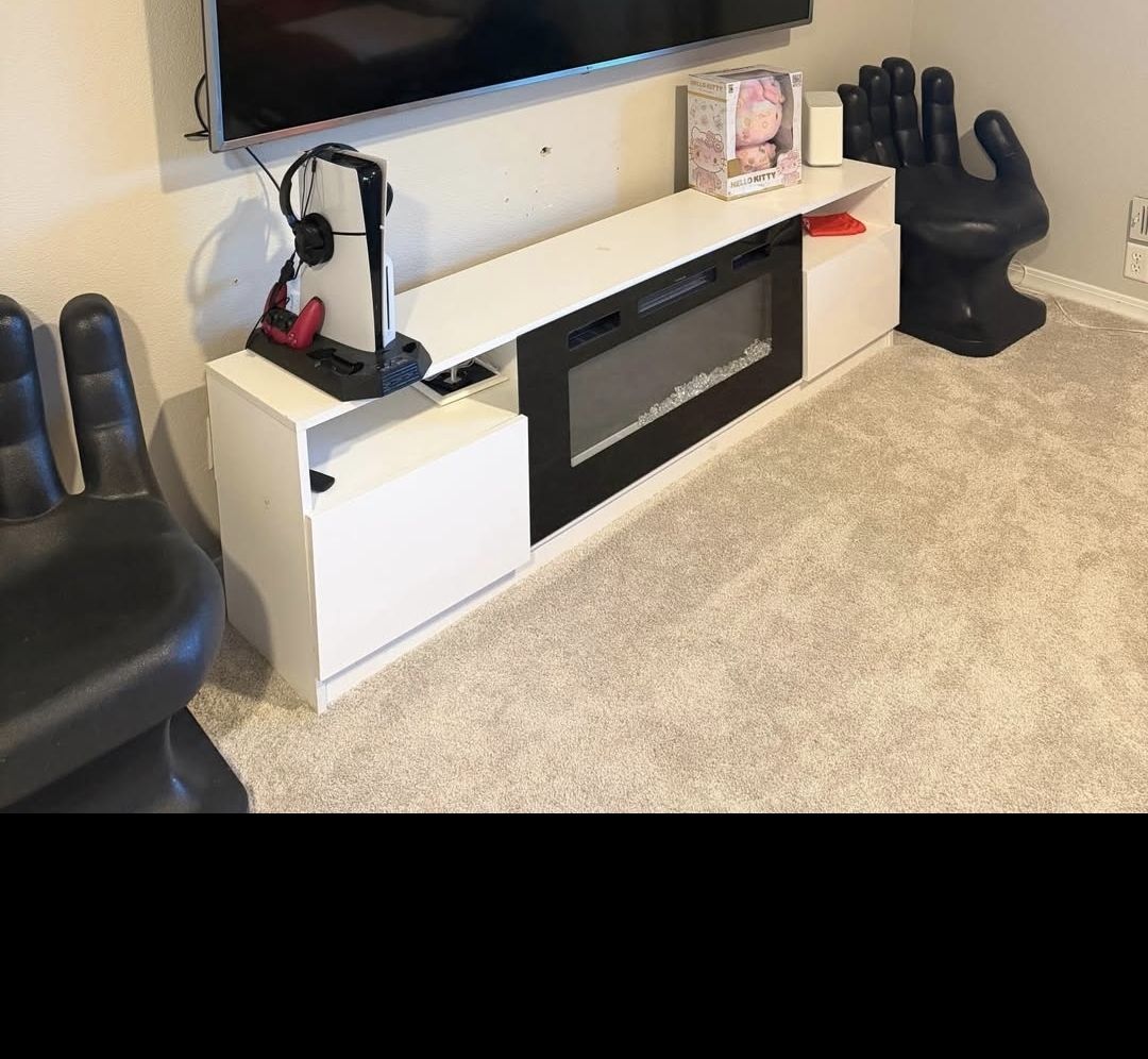 White TV Stand with Built-In Electric Fireplace