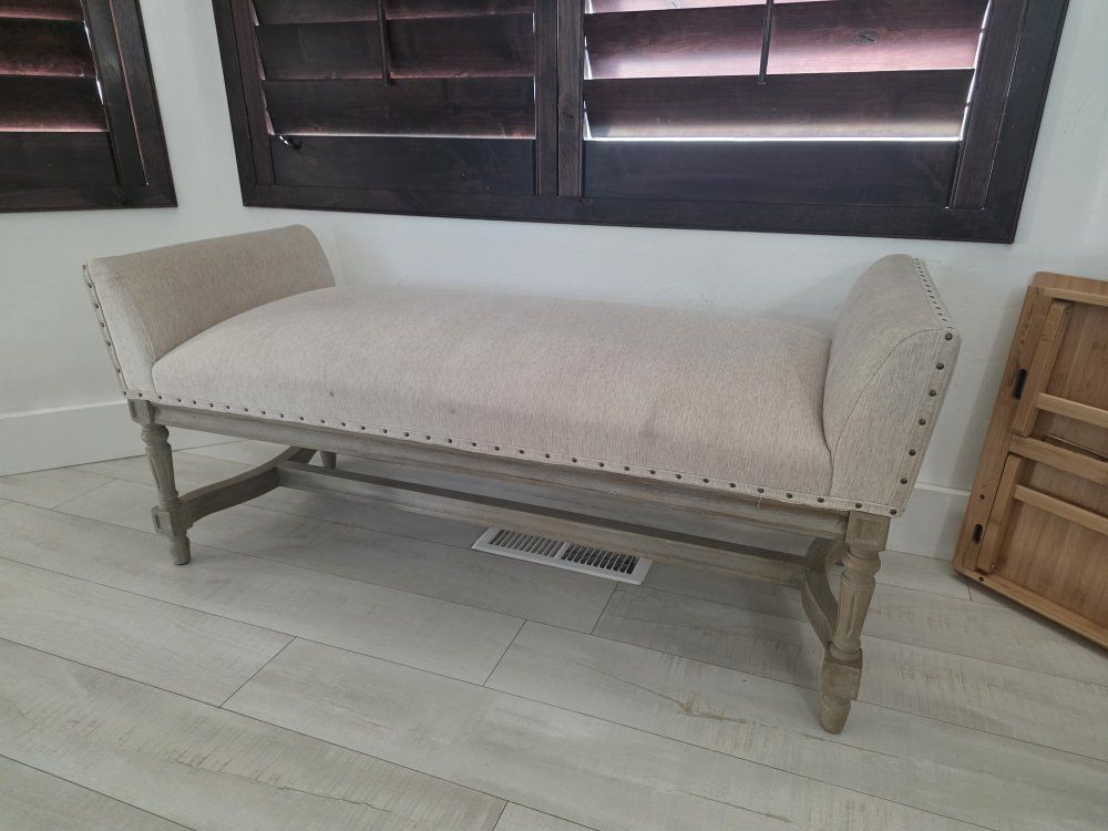 Elegant Upholstered Entryway Bench with Nailhead Trim - Light Beige/Washed Wood Finish