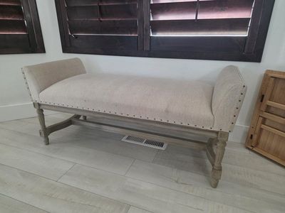Elegant Upholstered Entryway Bench with Nailhead Trim - Light Beige/Washed Wood Finish