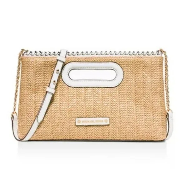 MICHAEL Michael Kors Rosalie Large Straw Raffia Crossbody Clutch White Leather
