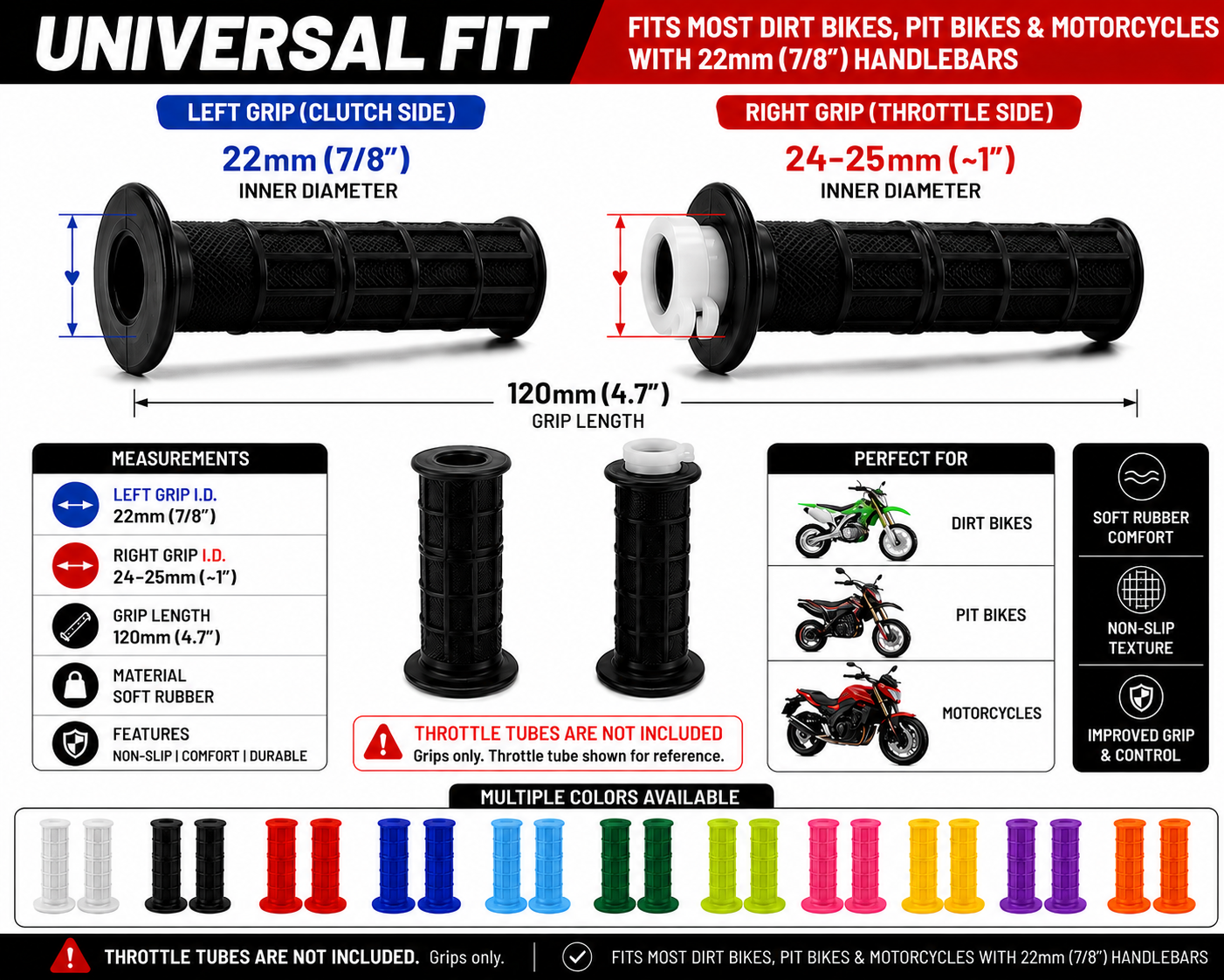22mm 7/8" Dirt Bike Grips MX Motorcycle Handlebar Soft Rubber Multi Color