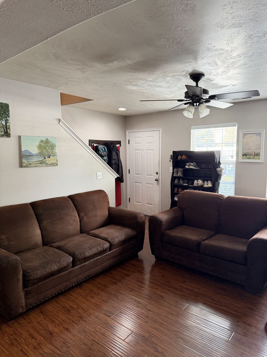 Brown Suede Living Room Sofa and Loveseat Set with Nailhead Trim