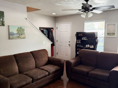 Brown Suede Living Room Sofa and Loveseat Set with Nailhead Trim