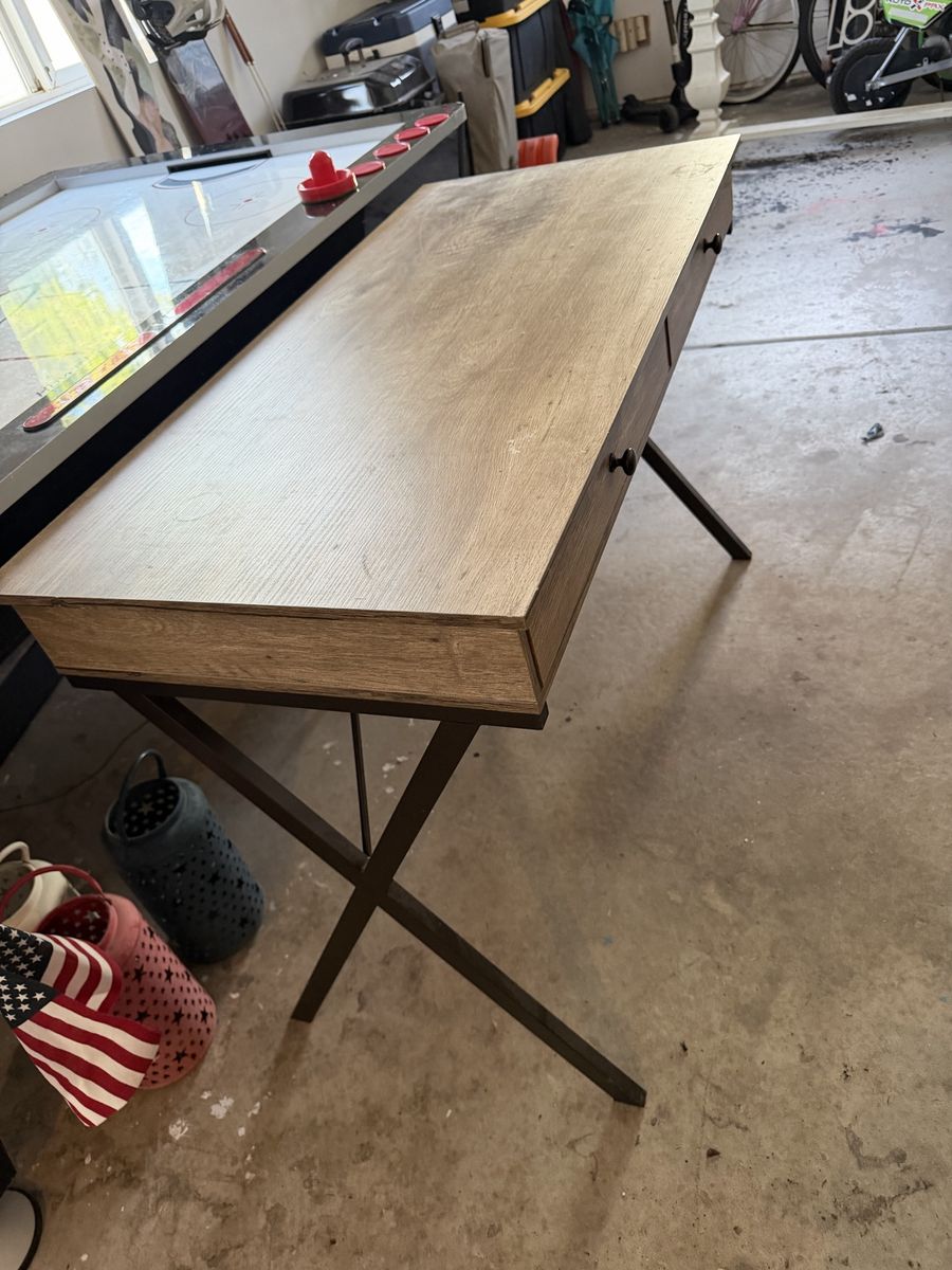 Wooden Desk with X-Frame Metal Legs - Modern Industrial Style