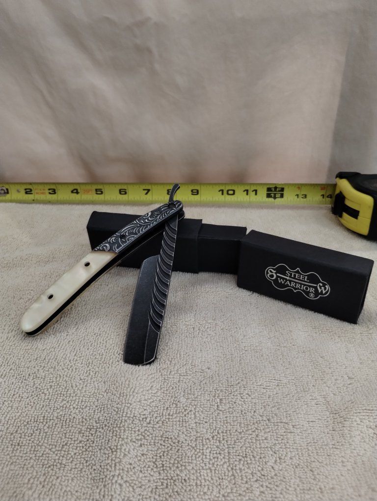 Steel Warrior Engraved Straight Razor with Mother of Pearl Handle - New in Box