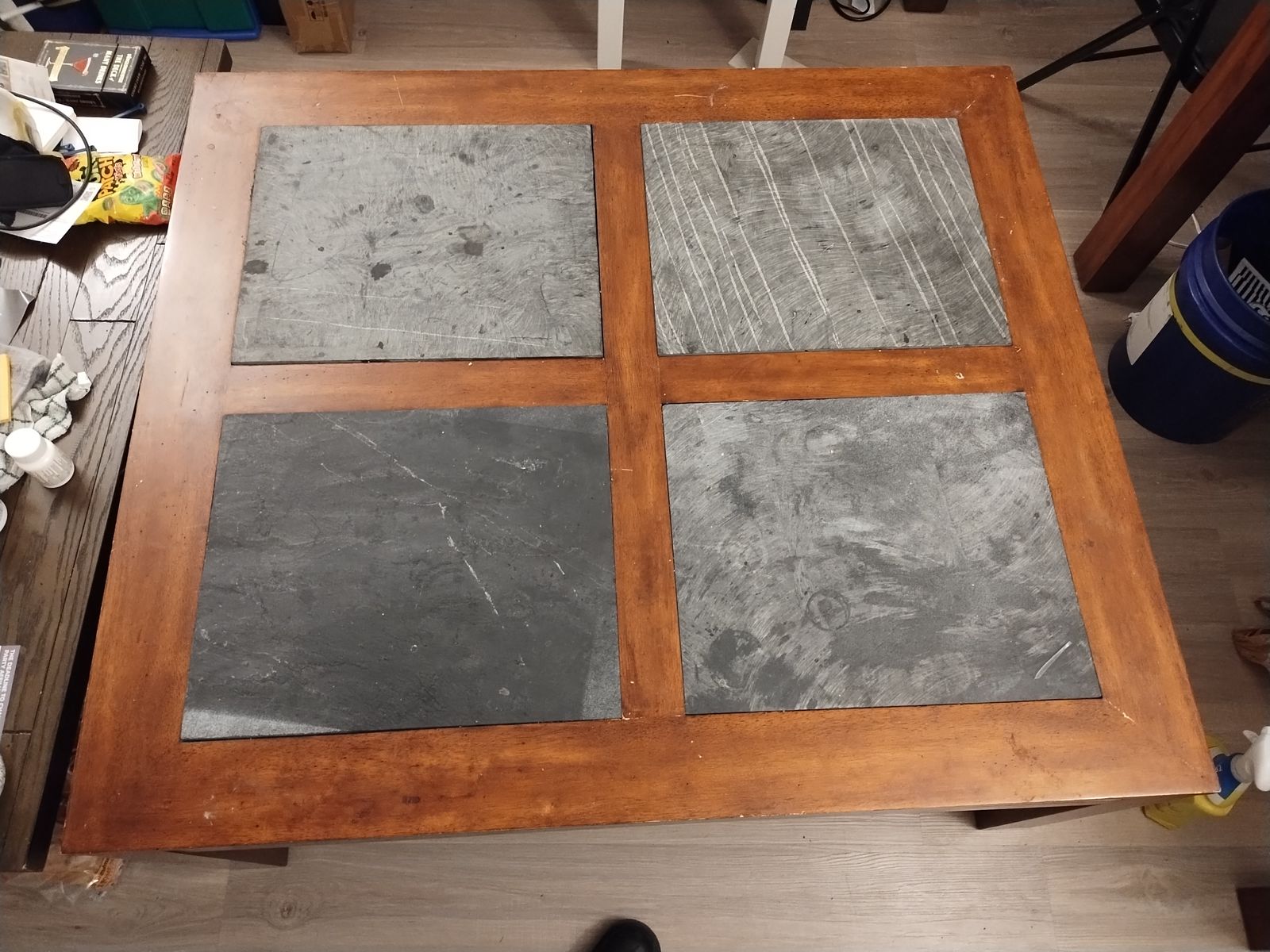 Set of 3 wooden tables with stone inlay