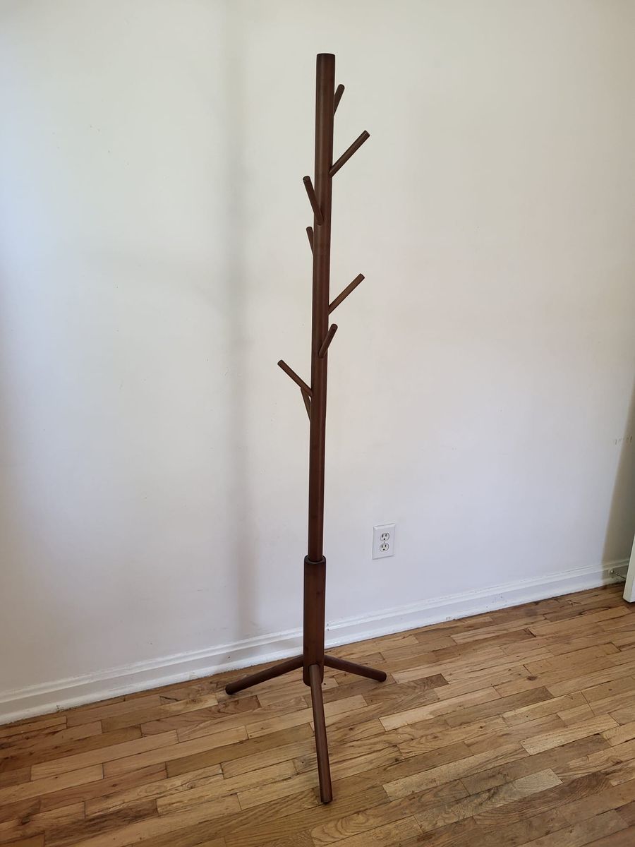 Freestanding Bamboo Wooden Coat Tree Rack - 8 Hooks, Adjustable, Brown