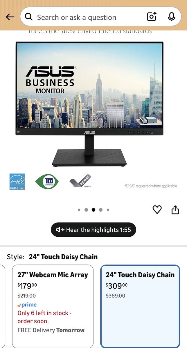 ASUS Business Monitor 24" Touch Daisy Chain Monitor with Height Adjustment, Pivot, Swivel, and Tilt