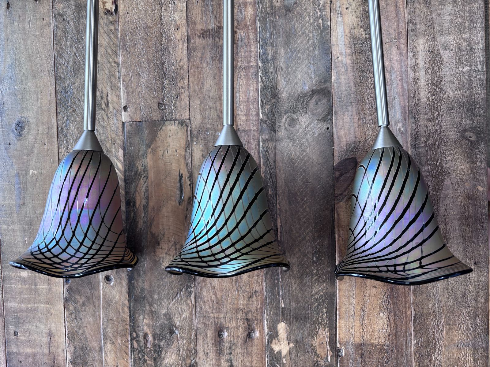 Set of 3 Iridescent Art Glass Pendant Lights with Brushed Nickel Rods by Craig Zweifel 
