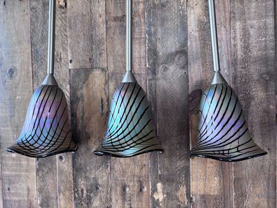 Set of 3 Iridescent Art Glass Pendant Lights with Brushed Nickel Rods by Craig Zweifel