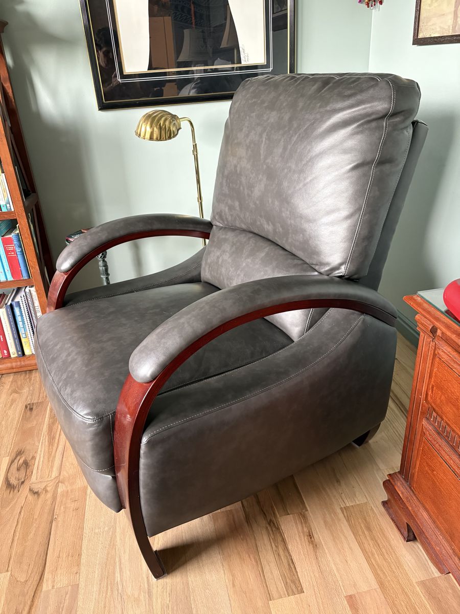 Modern Gray Recliner Armchair with Wooden Accent Arms