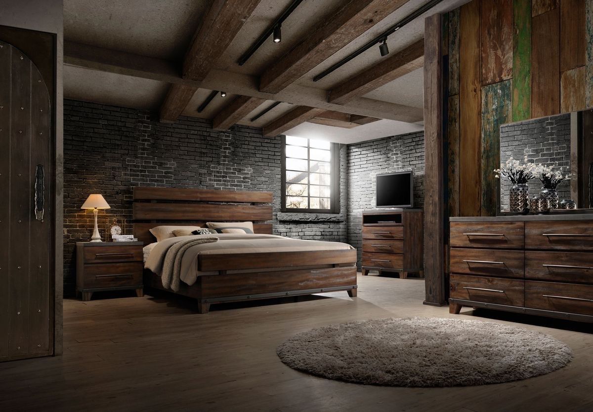 RC Willey Forge Rustic Brown Queen Bedroom Set – Acacia Wood + Industrial Details