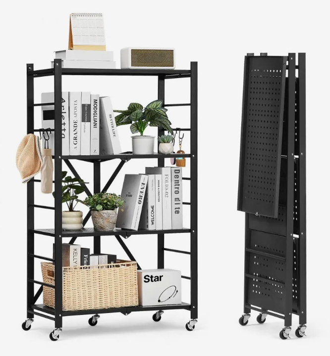 4-Tier Foldable Storage Shelf, 26W x 13D x 46H Inch Folding Metal Rack Shelving Unit, No Assembly