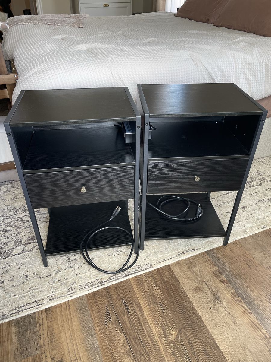 Set of 2 Black Nightstands with Built-in AC Outlets and USB Ports