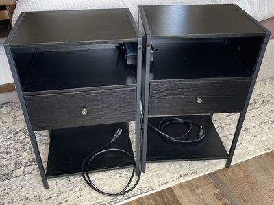 Set of 2 Black Nightstands with Built-in AC Outlets and USB Ports