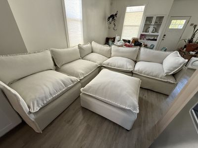 Anabei Modular Washable Sectional Sofa & Ottoman - Eggshell Plush Weave