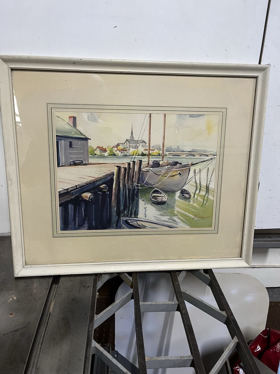 Vintage Watercolor Painting "Boat Dock" by Rice Framed Art