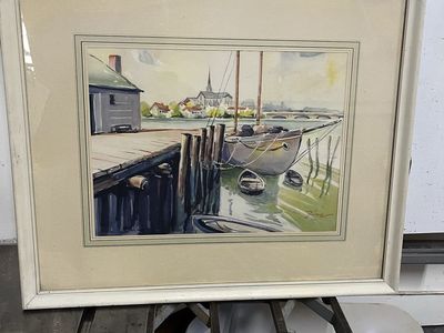 Vintage Watercolor Painting "Boat Dock" by Rice Framed Art