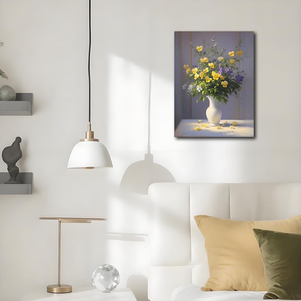 New! Sense&Sensitivity Arts 12x16 Inch Vintage Flowers Canvas Wall Art Vibrant Yellow Purple Bouquet in White Vase
