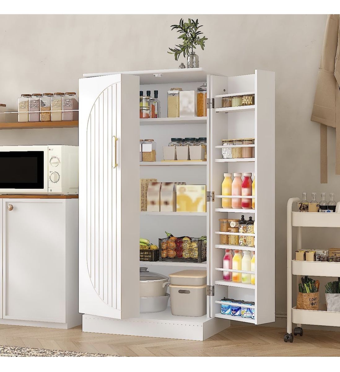Kitchen Pantry Cabinet 47" H, Farmhouse Storage Cabinet with Adjustable Shelves and Drawer