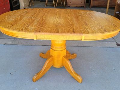 Oak Finish Oval Pedestal Dining Table with Leaf - Expandable Wood Kitchen Table