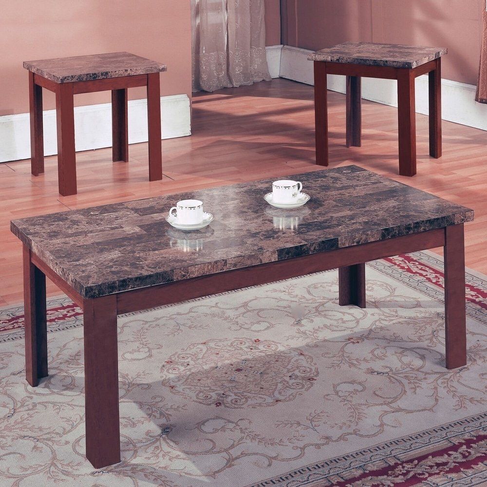 Marmol Collection 3-Piece Faux Marble Coffee Table & End Table Set - Brown Wood Frame