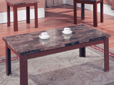 Marmol Collection 3-Piece Faux Marble Coffee Table & End Table Set - Brown Wood Frame