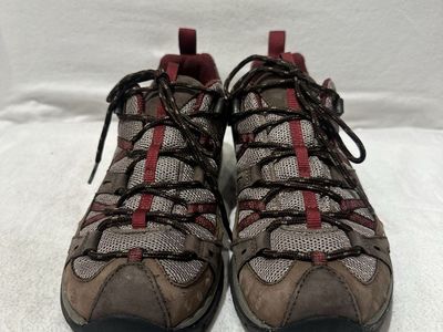 Merrell women’s size 10 beige/Brown with burgundy trim WP leather/mesh hiking shoes