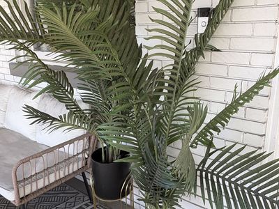 2 Tall Faux Palm Plants with Black Planter + Gold Stand