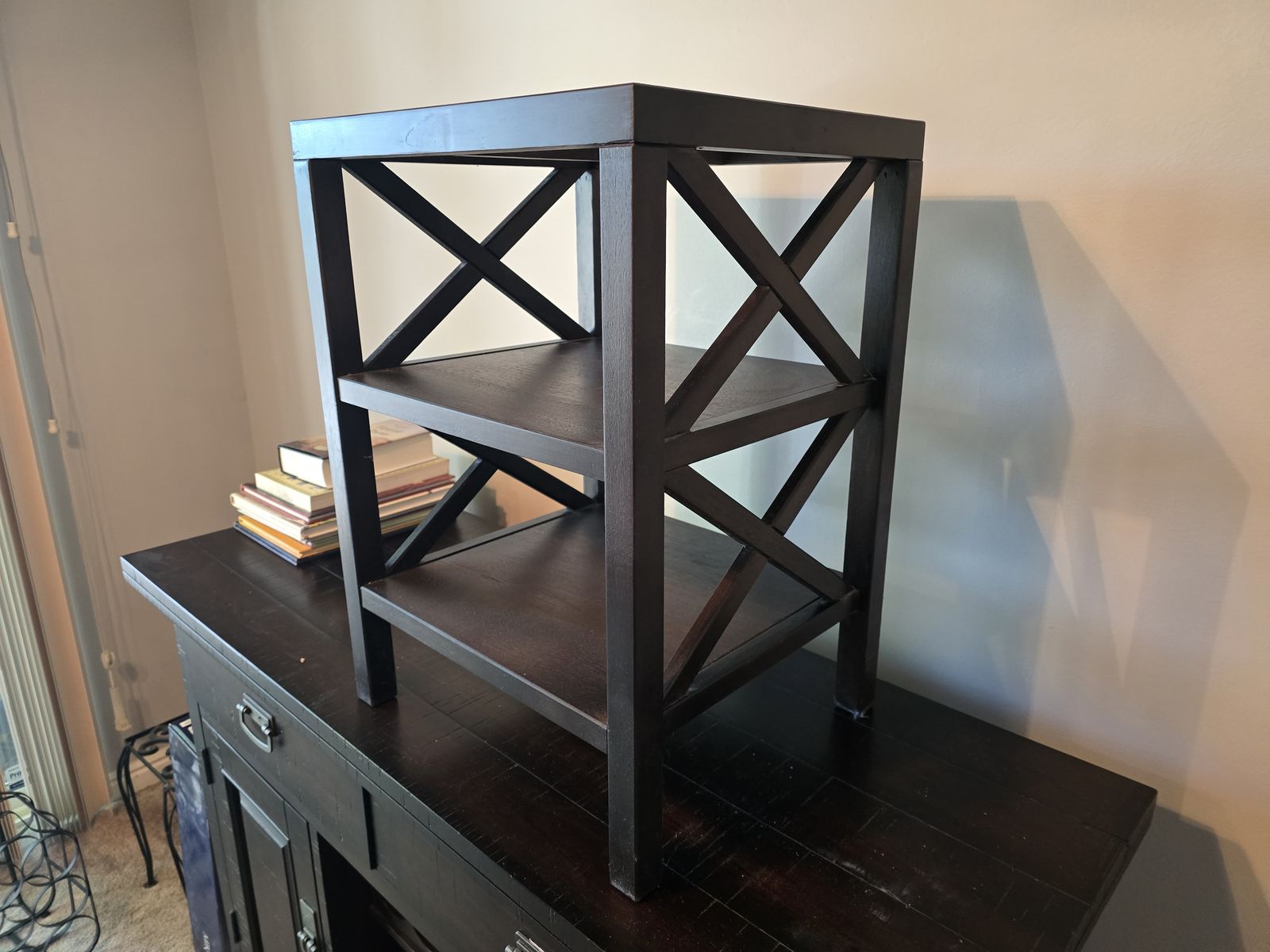 Dark Wood X-Frame Shelf / Small Bookcase