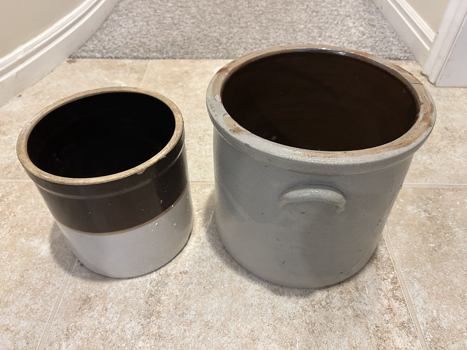 Vintage Stoneware Crocks - Two Piece Set Brown White and Grey