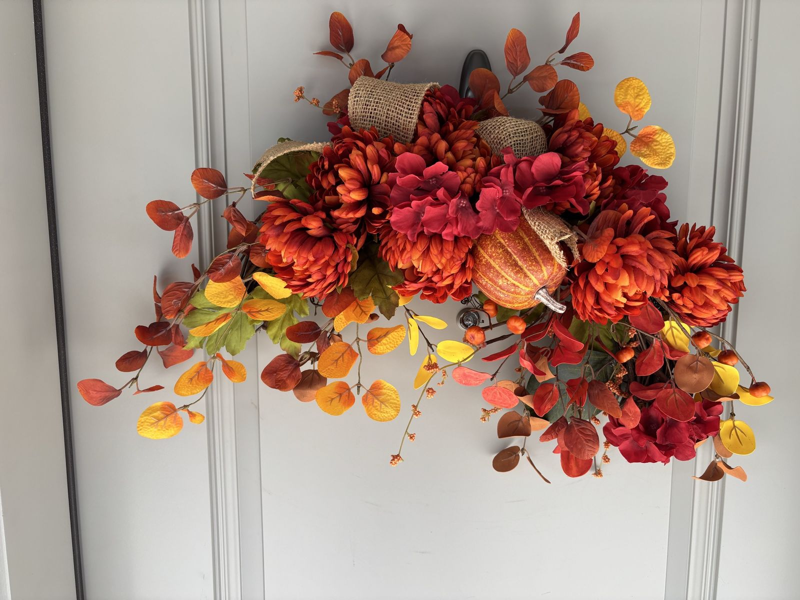 Autumn Floral Wreath with Pumpkins, Berries & Burlap Bows