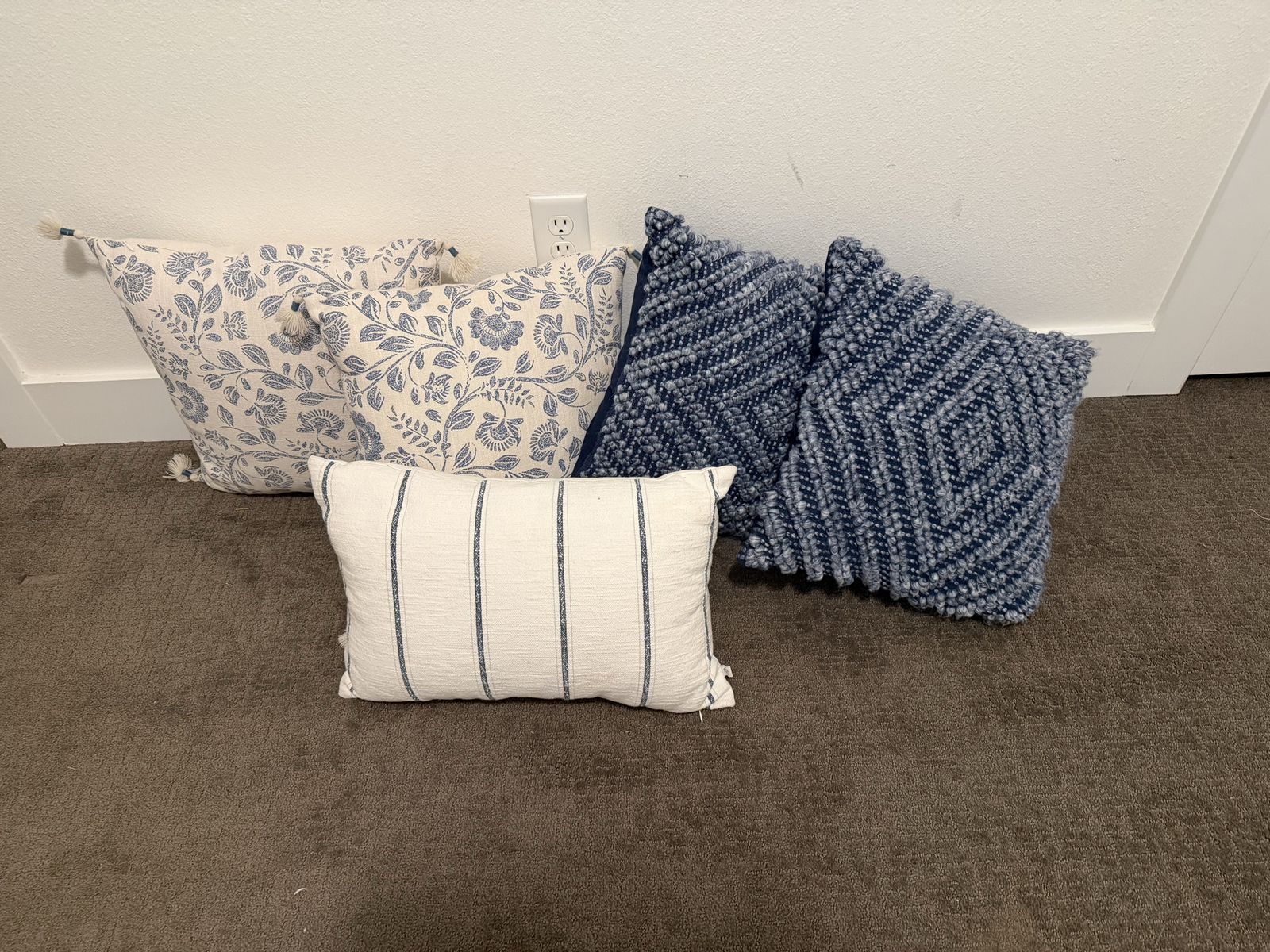 Decorative Pillow Set - Blue Floral, Striped, and Textured Throw Pillows (5-Piece Set)