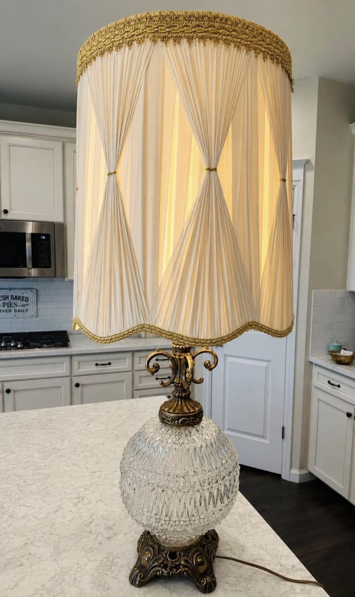 Vintage Mid-Century Crystal Glass & Brass Table Lamp with Pleated Fabric Shade, Ornate Base