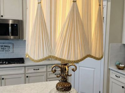 Vintage Mid-Century Crystal Glass & Brass Table Lamp with Pleated Fabric Shade, Ornate Base