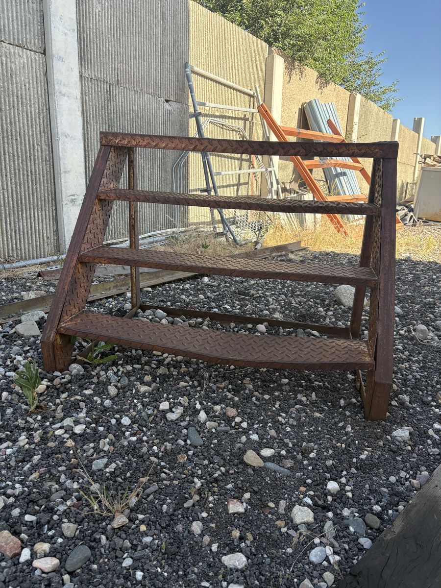 Heavy-Duty Industrial Steel Stair Unit - 4 Steps, Diamond Plate Tread, Rustic Condition