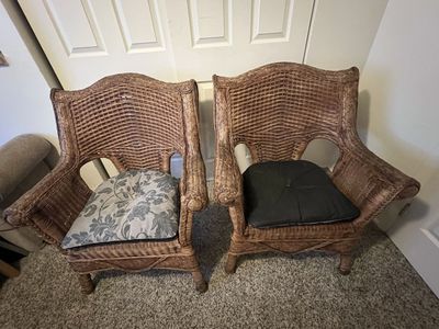 Set of 2 Wicker Armchairs with Cushions Brown Rattan Accent Chairs