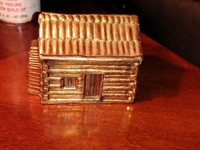 Vintage Gold Log Cabin Cast Metal Iron Coin Bank - Made in USA - Rustic Home Decor Collectible