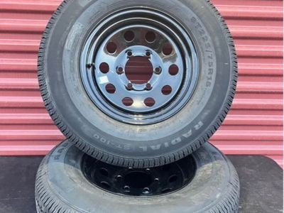 New Set of 2 Hi Run ST. 225/75 R 15 Trailer Tires Mounted on New Black Mod Wheels 10 Ply E Load 6 on 5,5 Pattern