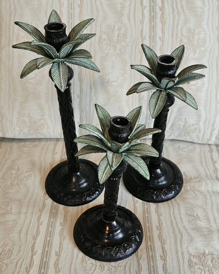 3 Vintage Metal Palmtree Candleholders 13, 11,9"