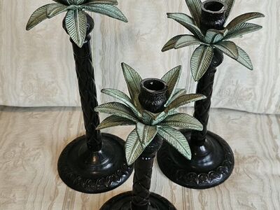 3 Vintage Metal Palmtree Candleholders 13, 11,9"