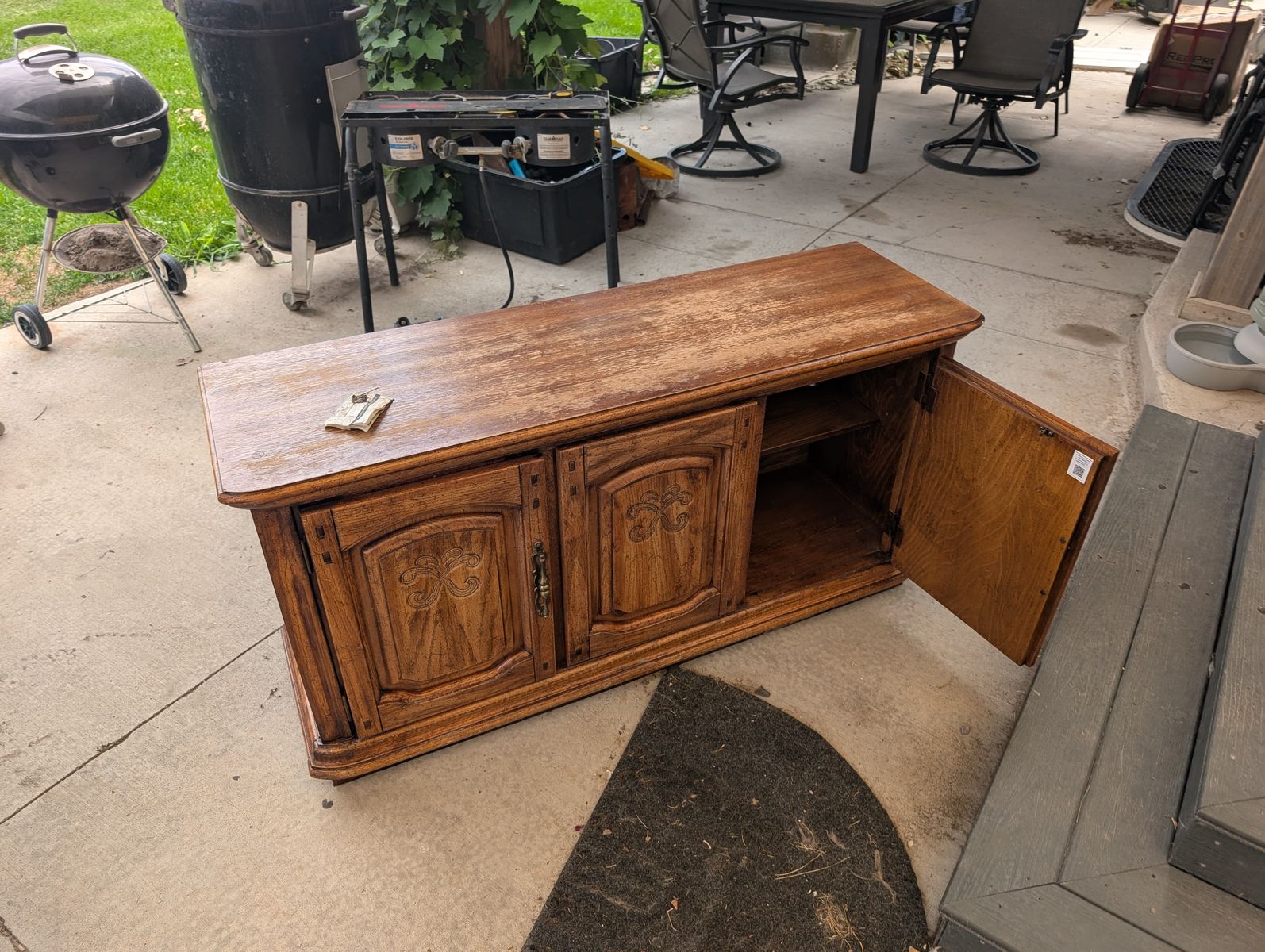 Solid Wood Storage Cabinet/Sideboard - Medium Brown Finish, Carved Door Accents