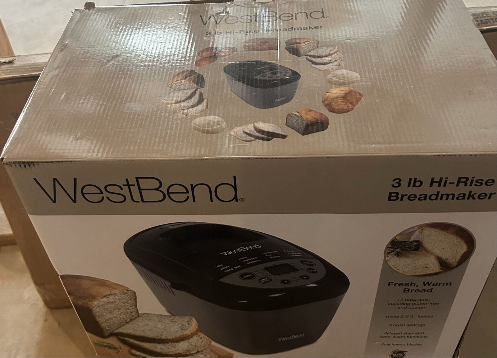 West Bend 3 lb Hi-Rise Breadmaker - 12 Programs, Gluten-Free, Custom Loaves, Dual Knead Blades