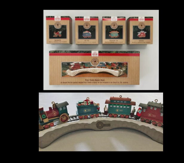 Complete Set: 1991 Claus & Co. RR ~ Hallmark Train Display Trestle & 4 Ornaments