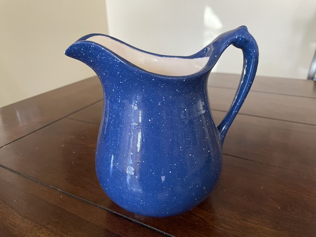 Blue W/ Speckles Pottery Pitcher Signed