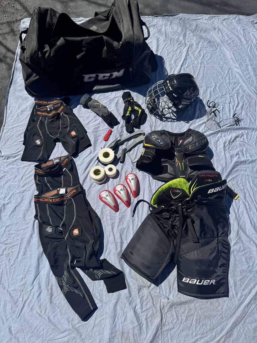 CCM Bauer & Shock Doctor Youth Hockey Equipment Set - Helmet, Pads, Pants, Jock Shorts & Bag - $85