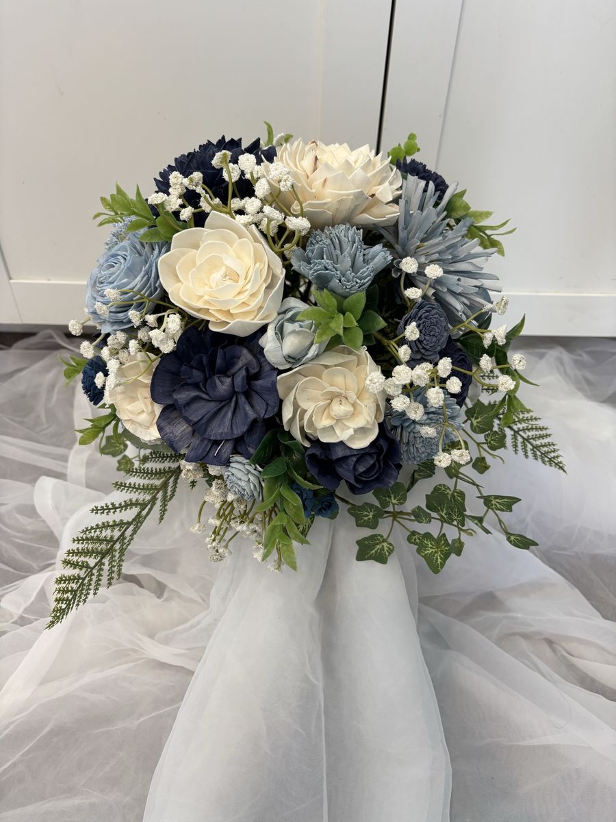 Handmade Sola Wood Flower Bouquet - Blue, Navy & Ivory Wedding Flowers