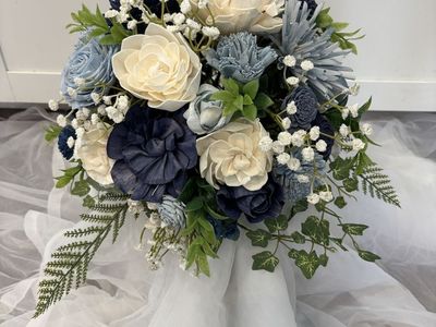 Handmade Sola Wood Flower Bouquet - Blue, Navy & Ivory Wedding Flowers